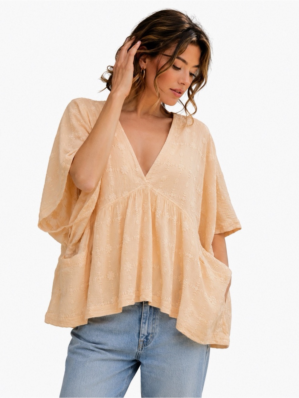 Free People Peach Embroidered Cotton Babydoll Boho Top Pockets Medium